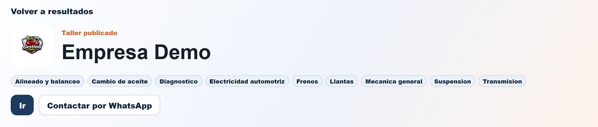 Ficha pública de un taller en TuTallerCerca con sus especialidades y los botones Ir y Contactar por WhatsApp.